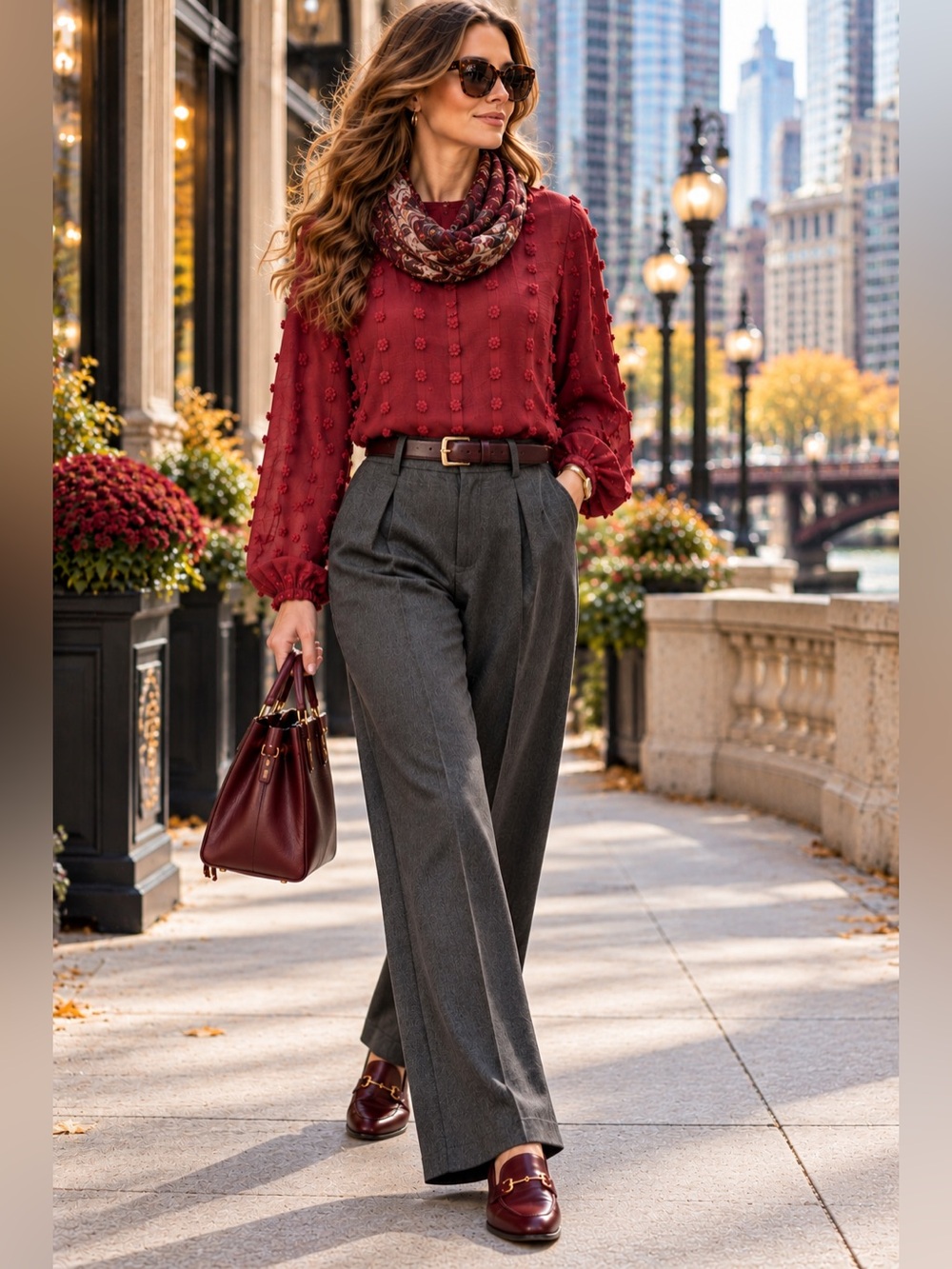 Red Textured Puff-Sleeve Blouse